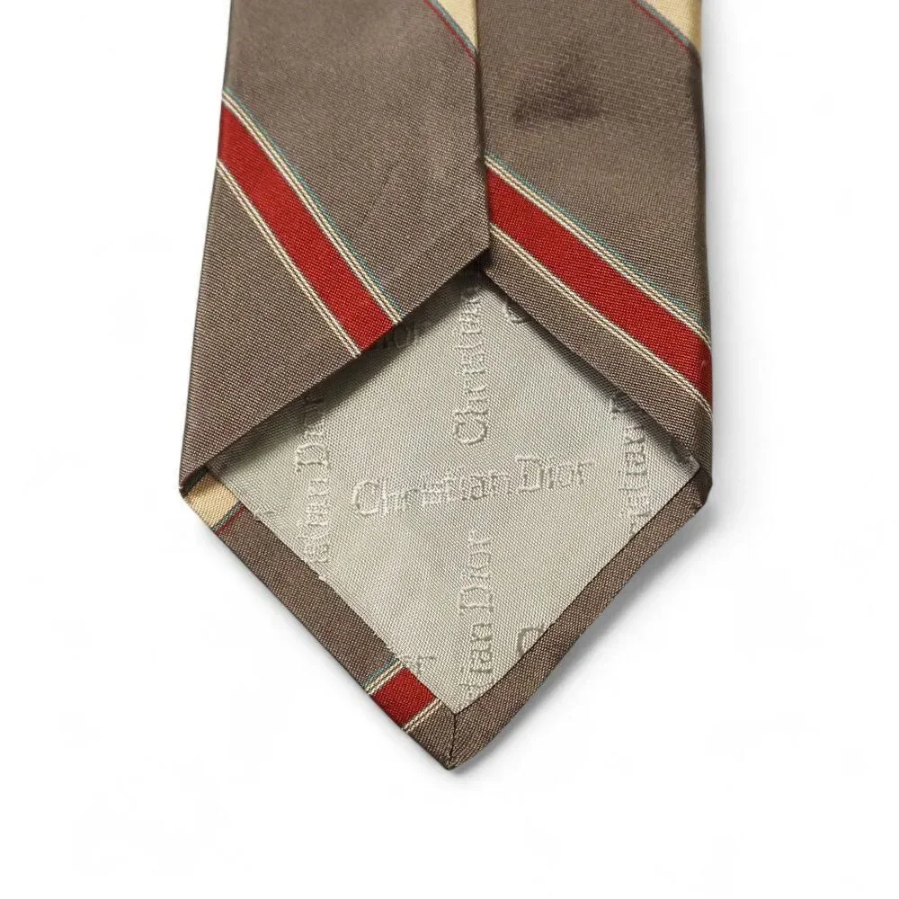 Christian Dior Vintage 100% Silk Tie Brown‎ Red Gold Striped Classic Necktie
